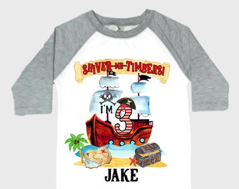 Personalized Pirate Ship theme Birthday Shirt. THREE Birthday. Boy's Pirate Birthday. Timber me Shivers. Arr Matey. Ahoy Matey. Arrgh. 3rd