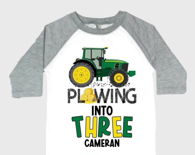 Personalized Tractor theme Birthday Shirt. THREE Birthday. Boy's Truck Birthday Shirt. Tractor Racing Birthday Shirt.