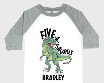 Personalized Dinosaur Themed Birthday Boy Raglan Dinosaur theme Birthday Shirt. FIVE Birthday. Boy's Dino Birthday. Dinosaur Birthday Shirt.