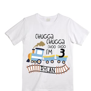 Personalized Choo Choo I'm 3 Train theme Birthday Shirt. Three Birthday. Boy's Train Birthday Shirt. Choo Choo Train Birthday Shirt.