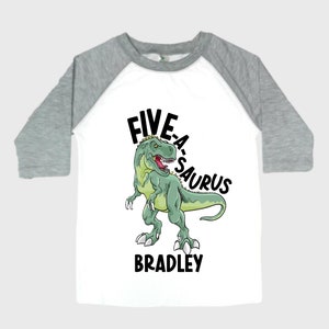 Personalized Dinosaur Themed Birthday Boy Raglan Dinosaur theme Birthday Shirt. FIVE Birthday. Boy's Dino Birthday. Dinosaur Birthday Shirt.