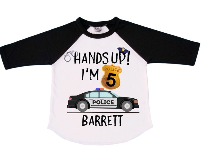 Personalized Hands Up! I'm 5 FIVE Raglan Monster Truck theme Birthday Shirt. FIVE Birthday. Boy's Police Birthday . Police Birthday .