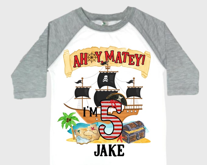 Personalized Pirate Ship FIVE Pirate Ship theme Birthday Shirt. Five Birthday. Boy's Pirate. Ahoy Matey, Arr Matey, Arrgh, Shiver Me Timber