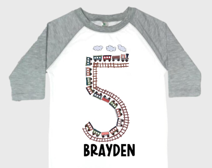 Personalized Choo Choo I'm 5 Train theme Birthday Shirt. Five Birthday. Boy's Train Birthday Shirt. Choo Choo Train Birthday Shirt.
