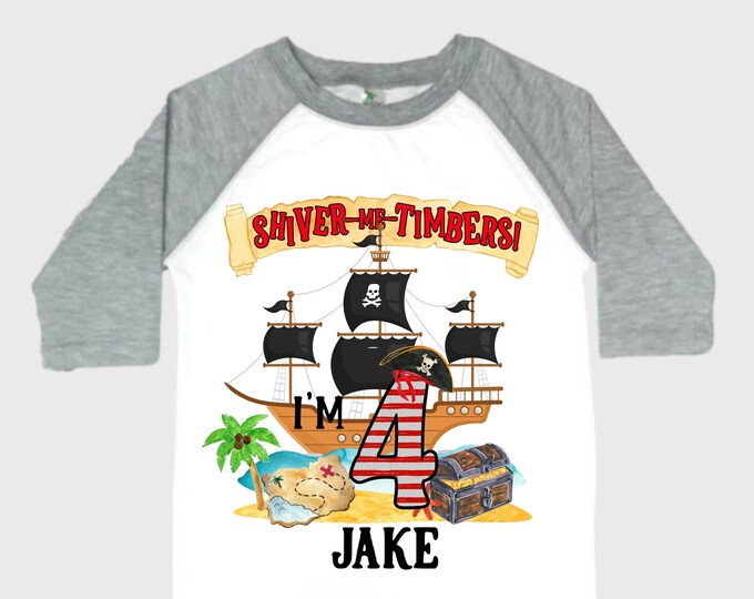 Personalized Pirate Ship FOUR  Raglan Pirate Ship theme Birthday Shirt. Arr matey. Ahoy Matey. Timber Me Shivers. 4th Pirate themed Party.