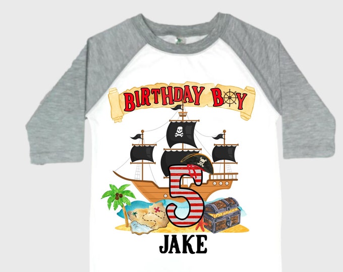 Personalized Pirate Ship FIVE Pirate Ship theme Birthday Shirt. Five Birthday. Boy's Pirate. Ahoy Matey, Arr Matey, Arrgh, Shiver Me Timber