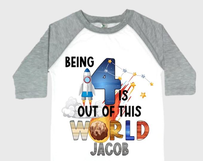 Personalized Space Birthday FOUR Astronaut theme Birthday Shirt. FOUR Birthday. Boy's Birthday Shirt. Spaceship Space ship Birthday Shirt.