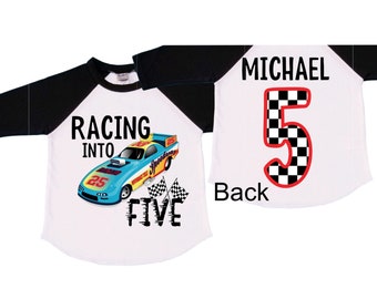 Personalized Racecar theme Birthday Shirt. FIVE Birthday. Boy's Racing Birthday . Race Car Themed Birthday Shirt