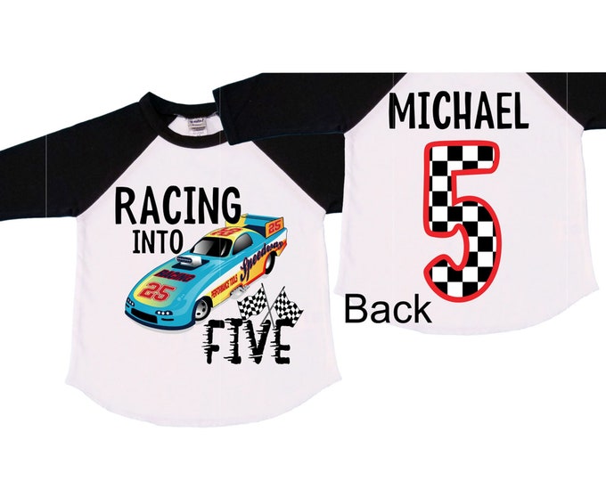 Personalized Racecar theme Birthday Shirt. FIVE Birthday. Boy's Racing Birthday . Race Car Themed Birthday Shirt