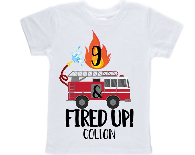 Personalized 9 and Fired UP!  Fire Truck Truck NINE Raglan Monster Truck theme Birthday Shirt. 9 Birthday. FireTruck Birthday .