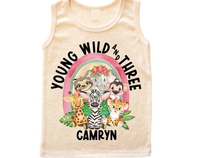 Personalized Young Wild and THREE Safari Rainbow Themed Birthday Shirt. Safari Birthday Shirt. THIRD Birthday Shirt