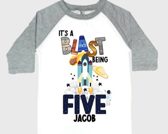 Personalized Space Birthday FIVE Astronaut theme Birthday Shirt. 5th Birthday. Boy's Birthday Shirt. Spaceship Space ship Birthday Shirt.