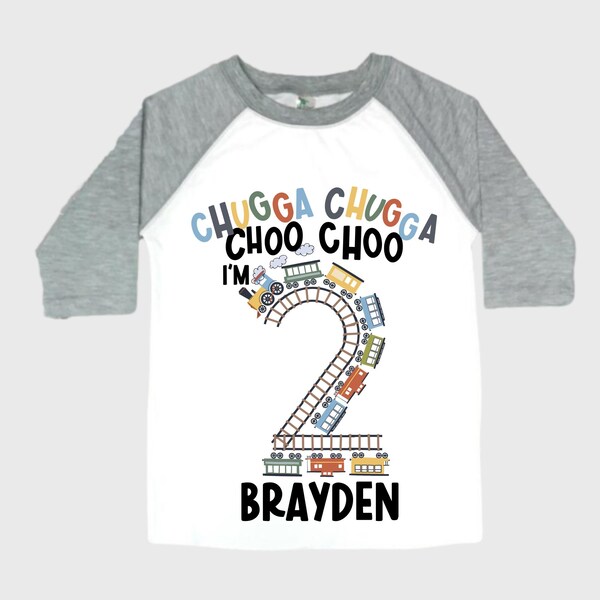 Personalized Choo Choo I'm 2 Train theme Birthday Shirt. Two Birthday. Boy's Train Birthday Shirt. Choo Choo Train Birthday Shirt.