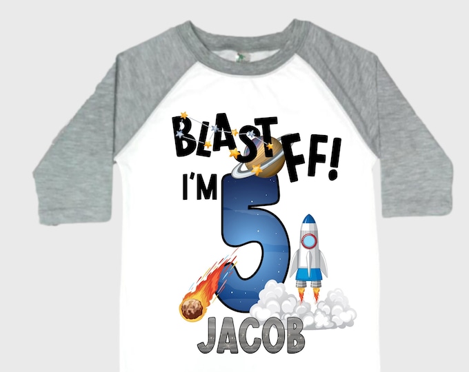 Personalized Space Birthday FIVE Astronaut theme Birthday Shirt. 5th Birthday. Boy's Birthday Shirt. Spaceship Space ship Birthday Shirt.