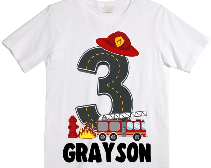 Personalized Sound the Alarm I'm 3 Fire Truck theme Birthday Shirt. THREE Birthday. Boy's Truck Birthday Shirt. Fire Truck Birthday Shirt.