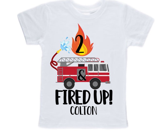 Personalized Fire Truck theme Birthday Shirt. Two Birthday. Boy's Truck Birthday Shirt. Monster Truck Racing Birthday Shirt.