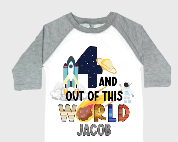 Personalized Space Birthday FOUR Astronaut theme Birthday Shirt. FOUR Birthday. Boy's Birthday Shirt. Spaceship Space ship Birthday Shirt.