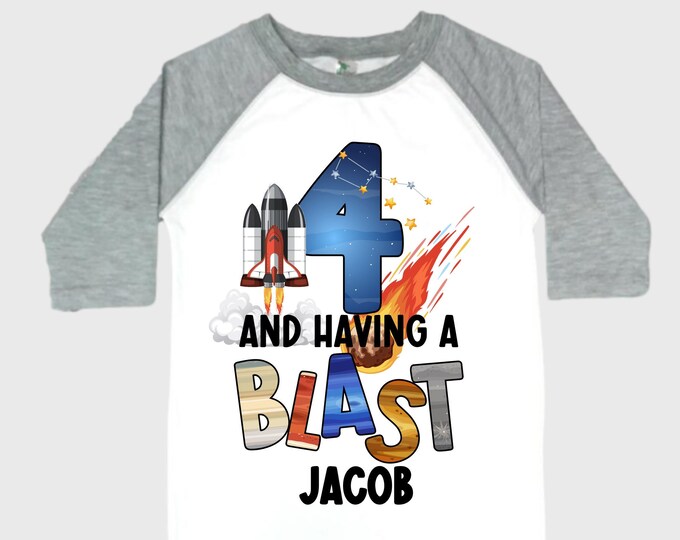 Personalized Space Birthday FOUR Astronaut theme Birthday Shirt. FOUR Birthday. Boy's Birthday Shirt. Spaceship Space ship Birthday Shirt.