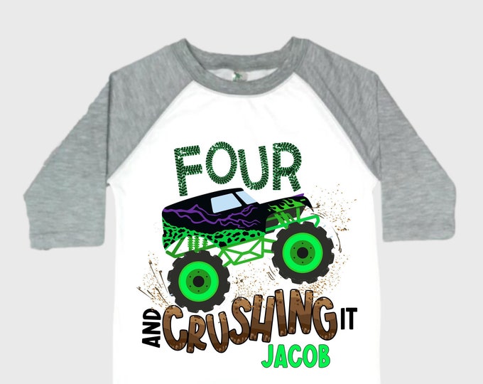 Personalized Monster Truck Crushing IT Birthday Shirt. FOUR  Birthday. Boy's Truck Birthday Shirt. Monster Truck Racing Birthday Shirt.