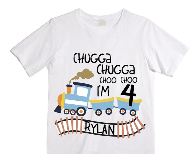 Personalized Choo Choo I'm 4 Train theme Birthday Shirt. Four Birthday. Boy's Train Birthday Shirt. Choo Choo Train Birthday Shirt.