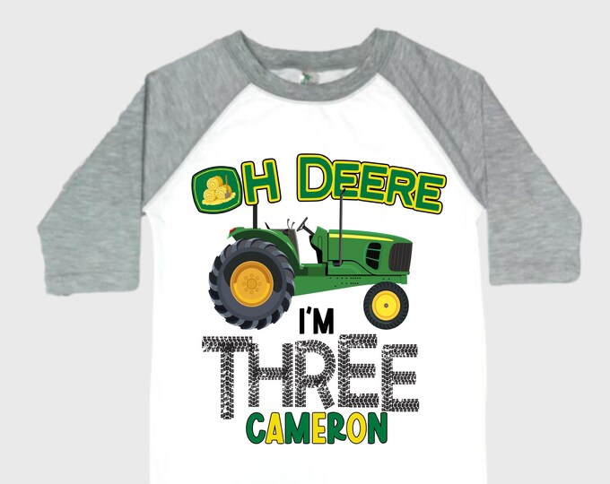 Personalized Tractor theme Birthday Shirt. THREE Birthday. Boy's Truck Birthday Shirt. Tractor Racing Birthday Shirt.