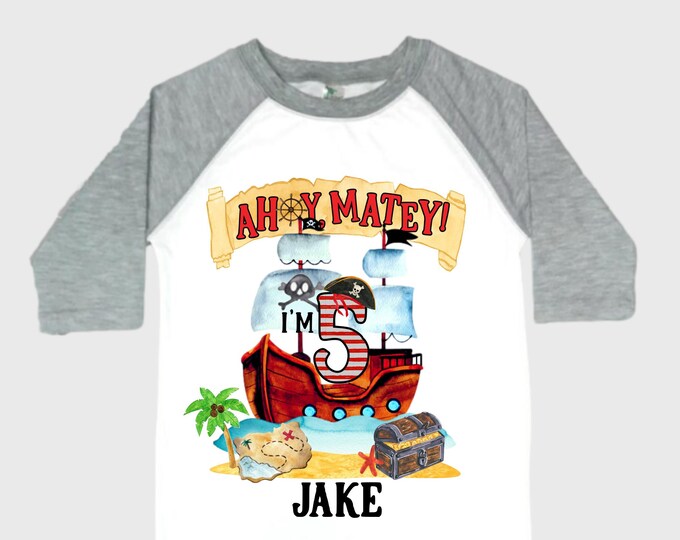 Personalized Pirate Ship FIVE Pirate Ship theme Birthday Shirt. Five Birthday. Boy's Pirate. Ahoy Matey, Arr Matey, Arrgh, Shiver Me Timber