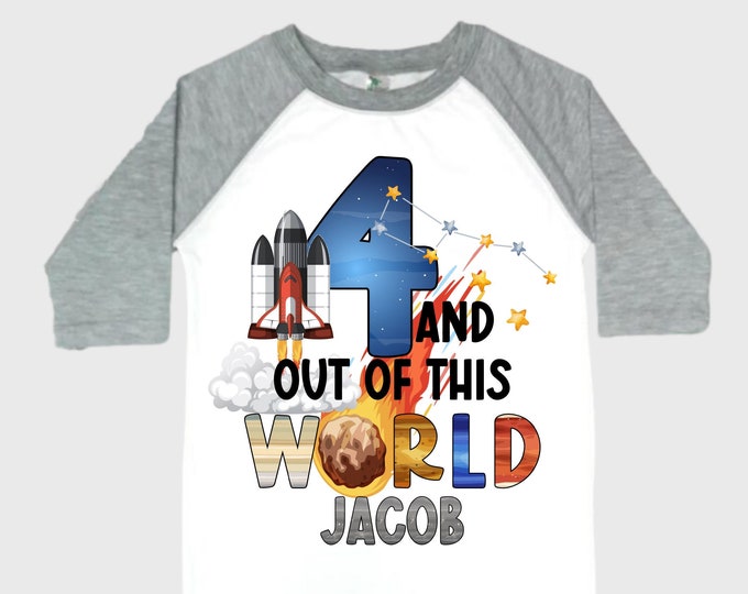 Personalized Space Birthday FOUR Astronaut theme Birthday Shirt. FOUR Birthday. Boy's Birthday Shirt. Spaceship Space ship Birthday Shirt.