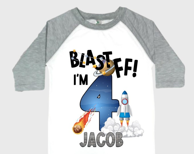 Personalized Space Birthday FOUR Astronaut theme Birthday Shirt. FOUR Birthday. Boy's Birthday Shirt. Spaceship Space ship Birthday Shirt.