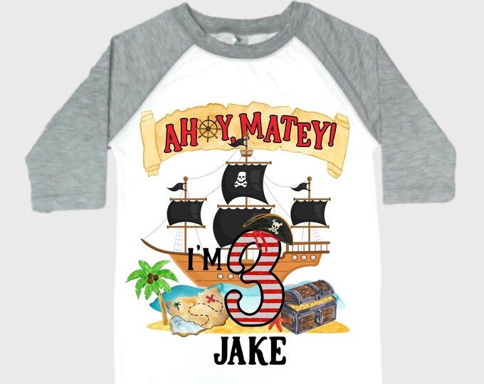 Personalized Pirate Ship theme Birthday Shirt. THREE Birthday. Boy's Pirate Birthday. Timber me Shivers. Arr Matey. Ahoy Matey. Arrgh. 3rd