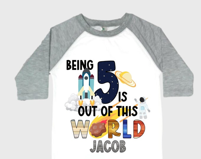 Personalized Space Birthday FIVE Astronaut theme Birthday Shirt. 5th Birthday. Boy's Birthday Shirt. Spaceship Space ship Birthday Shirt.