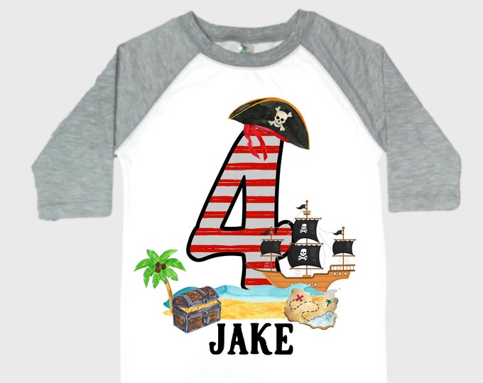 Personalized Pirate Ship FOUR  Raglan Pirate Ship theme Birthday Shirt. Arr matey. Ahoy Matey. Timber Me Shivers. 4th Pirate themed Party.