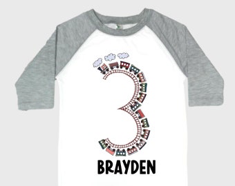 Personalized Choo Choo I'm 3 Train theme Birthday Shirt. Three Birthday. Boy's Train Birthday Shirt. Choo Choo Train Birthday Shirt.