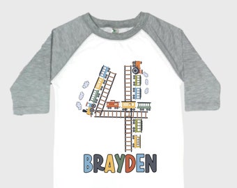 Personalized Choo Choo I'm 4 Train theme Birthday Shirt. Four Birthday. Boy's Train Birthday Shirt. Choo Choo Train Birthday Shirt.