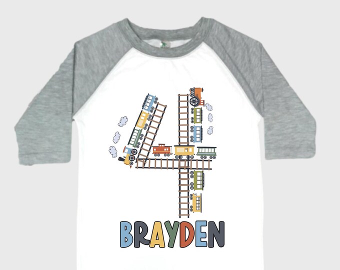 Personalized Choo Choo I'm 4 Train theme Birthday Shirt. Four Birthday. Boy's Train Birthday Shirt. Choo Choo Train Birthday Shirt.