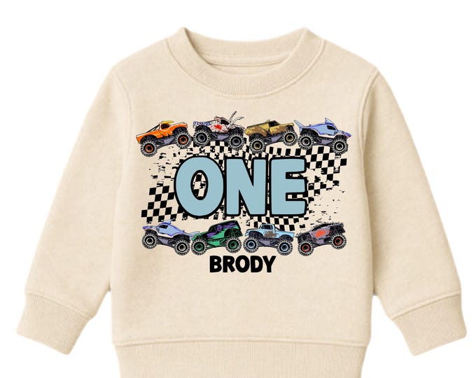 Personalized Monster Truck Crushing IT Birthday Fleece Sweatshirt. ONE First 1st Birthday. Truck Birthday. Monster Truck Racing.