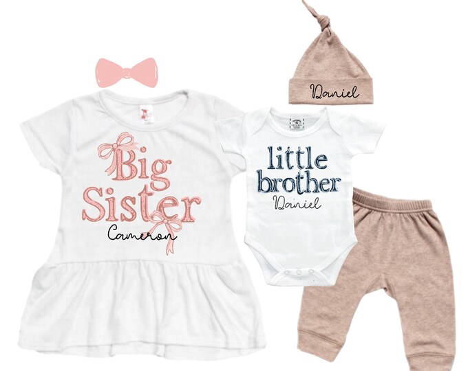 Big Sister Little Brother Sibling Set: Peplum Shirt, Bodysuit, Pants, Headband, Beanie
