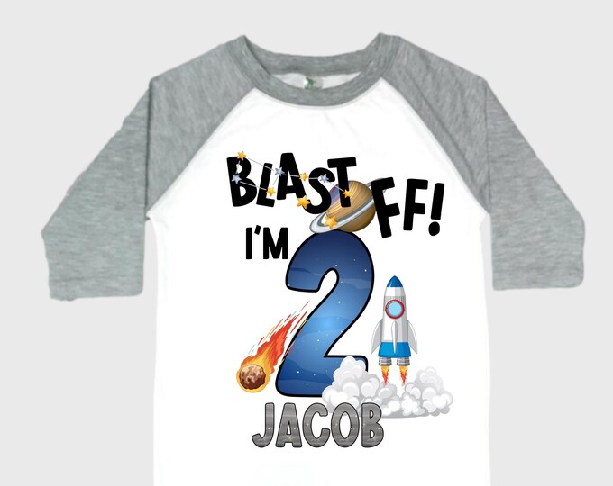 Personalized Space Birthday TWO Astronaut theme Birthday Shirt. TWO Birthday. Boy's Birthday Shirt. Spaceship Space ship Birthday Shirt.