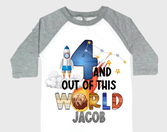 Personalized Space Birthday FOUR Astronaut theme Birthday Shirt. FOUR Birthday. Boy's Birthday Shirt. Spaceship Space ship Birthday Shirt.