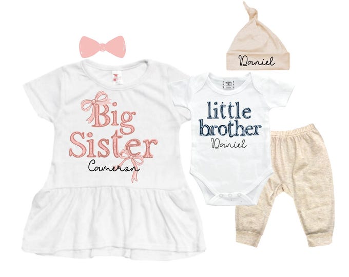 Big Sister Little Brother Sibling Set: Peplum Shirt, Bodysuit, Pants, Headband, Beanie