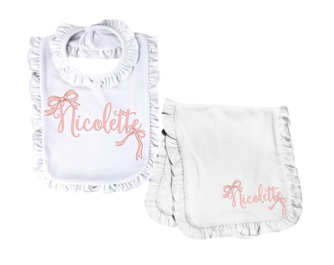 Personalized Bow / Floral Burp Cloth and Bib  Set. Fun Burp Cloth. Baby Shower Gift. Newborn Gift Idea