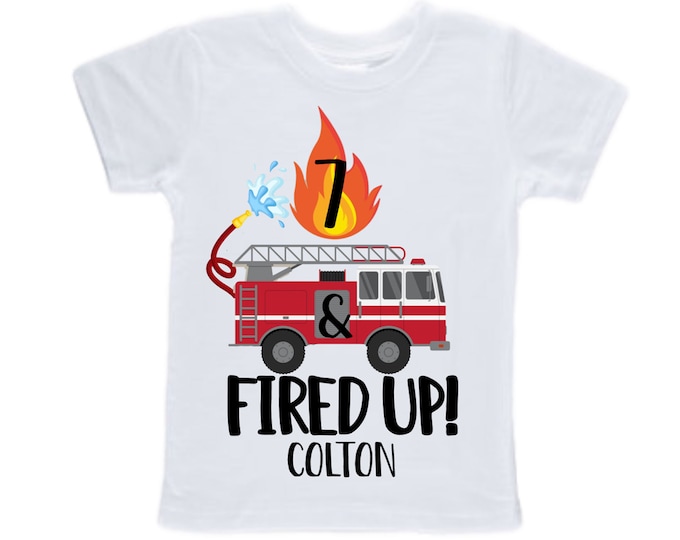 Personalized 7 and Fired UP!  Fire Truck Truck SEVEN Raglan Monster Truck theme Birthday Shirt. 7 Birthday. FireTruck Birthday .