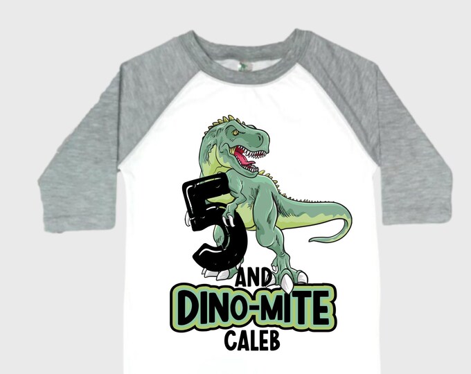 Personalized Dinosaur Themed Birthday Boy Raglan Dinosaur theme Birthday Shirt. FIVE Birthday. Boy's Dino Birthday. Dinosaur Birthday Shirt.