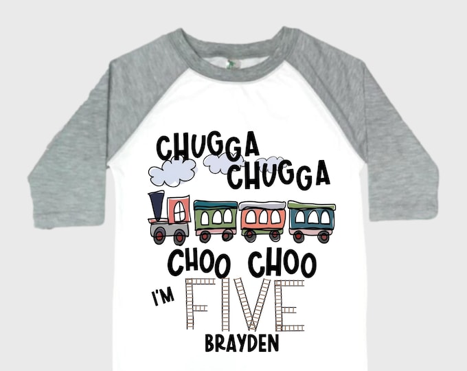 Personalized Choo Choo I'm 5 Train theme Birthday Shirt. Five Birthday. Boy's Train Birthday Shirt. Choo Choo Train Birthday Shirt.