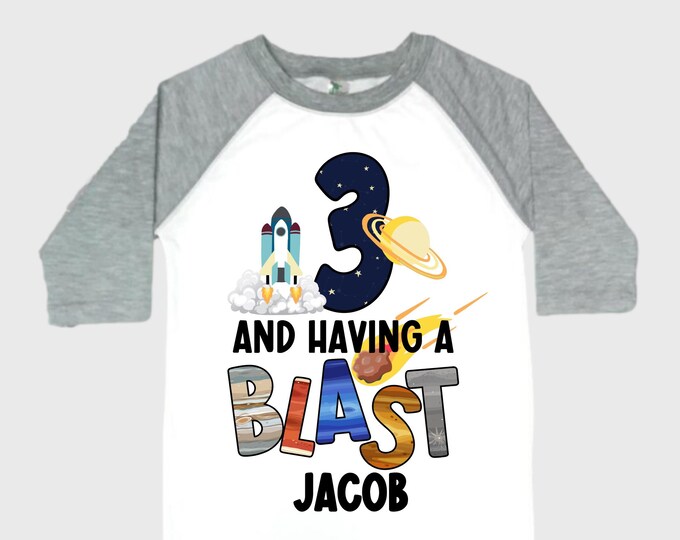 Personalized Space Birthday THREE Astronaut theme Birthday Shirt. THREE Birthday. Boy's Birthday Shirt. Spaceship Space ship Birthday Shirt.