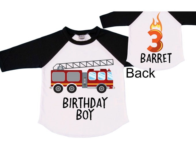 Personalized Fire Truck theme Birthday Shirt. THREE Birthday. Boy's Truck Birthday Shirt. Fire Truck Birthday Shirt.