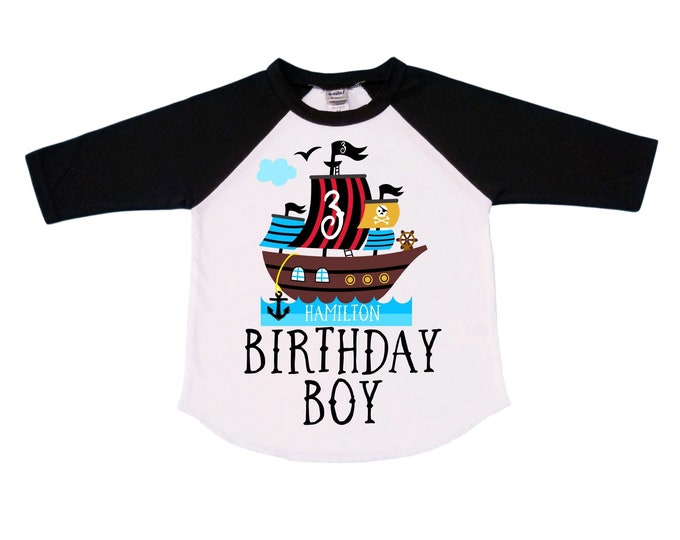 Personalized Pirate Ship theme Birthday Shirt. THREE Birthday. Boy's Pirate Birthday Shirt. Pirate Ship Birthday Shirt.
