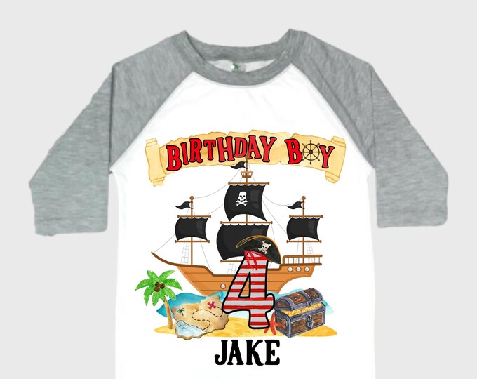 Personalized Pirate Ship FOUR  Raglan Pirate Ship theme Birthday Shirt. Arr matey. Ahoy Matey. Timber Me Shivers. 4th Pirate themed Party.