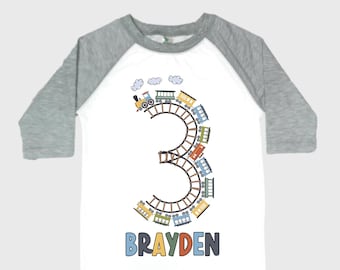 Personalized Choo Choo I'm 3 Train theme Birthday Shirt. Three Birthday. Boy's Train Birthday Shirt. Choo Choo Train Birthday Shirt.