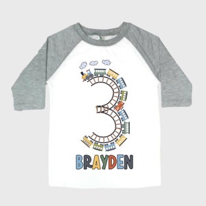 Personalized Choo Choo I'm 3 Train theme Birthday Shirt. Three Birthday. Boy's Train Birthday Shirt. Choo Choo Train Birthday Shirt.