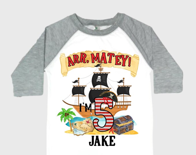 Personalized Pirate Ship FIVE Pirate Ship theme Birthday Shirt. Five Birthday. Boy's Pirate. Ahoy Matey, Arr Matey, Arrgh, Shiver Me Timber